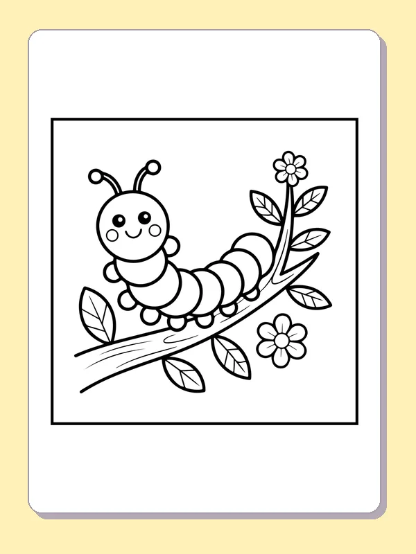 Black and white printable caterpillar along a branch coloring sheet