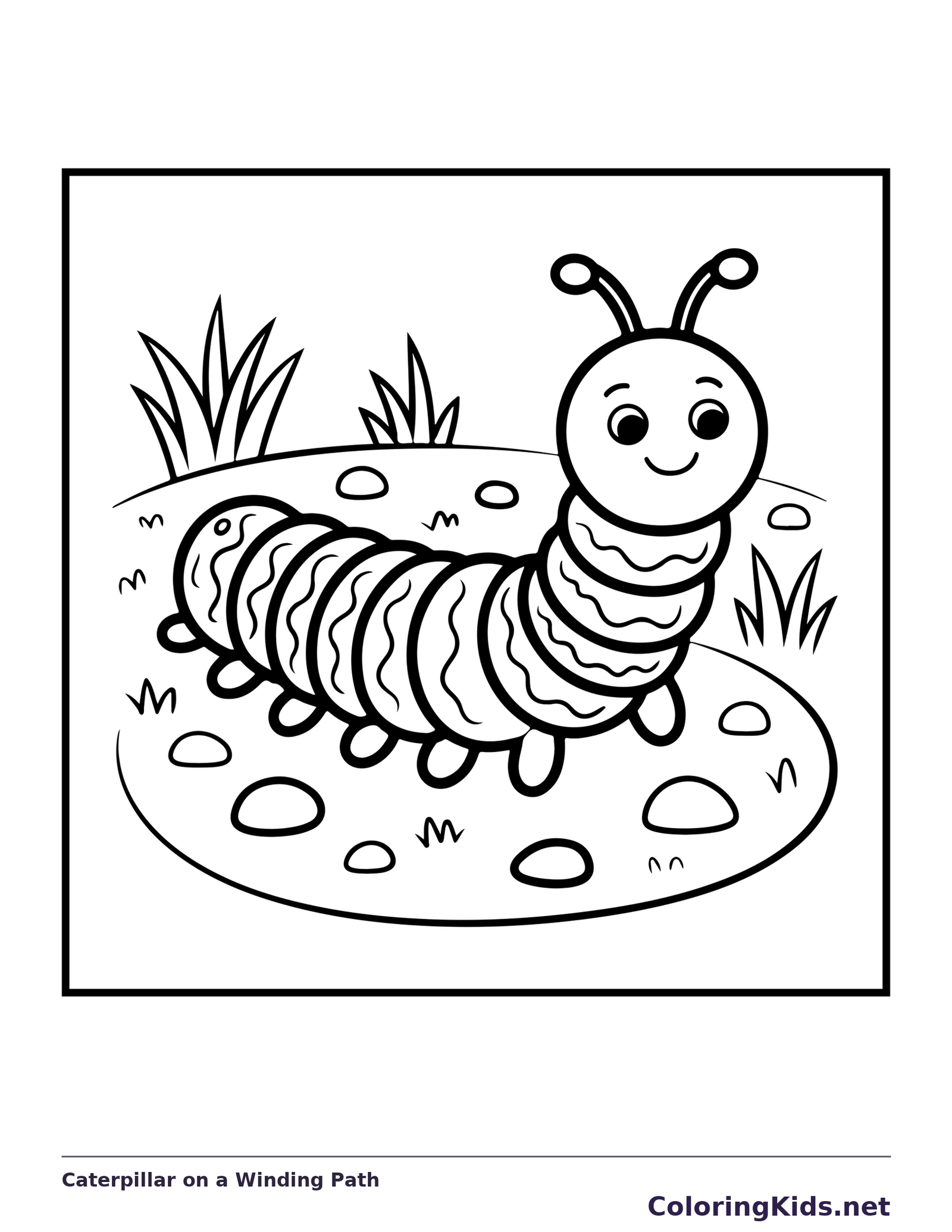 Black and white printable caterpillar on a winding path coloring sheet
