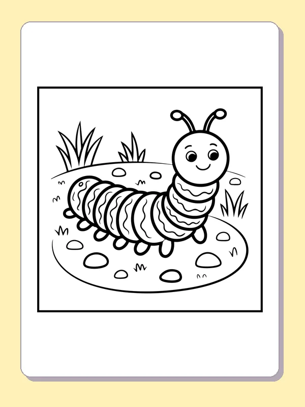 Black and white printable caterpillar on a winding path coloring sheet
