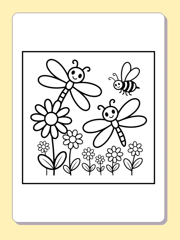 Black and white printable dragonflies over daisies coloring sheet
