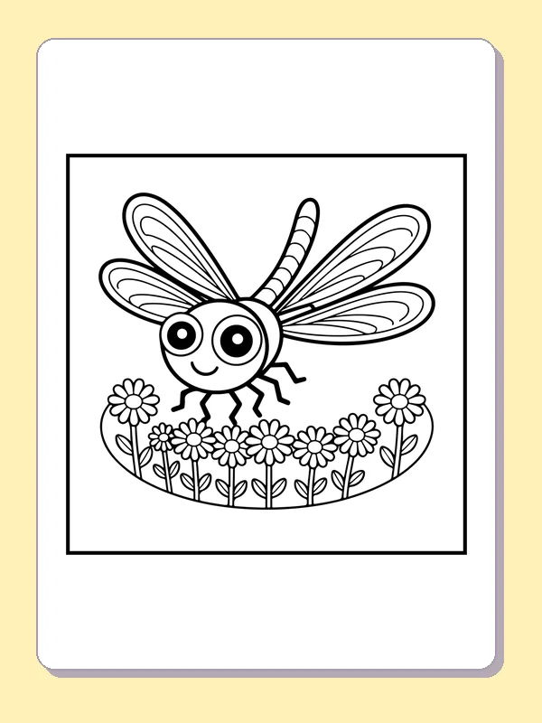 Black and white printable dragonfly above a flower patch coloring sheet