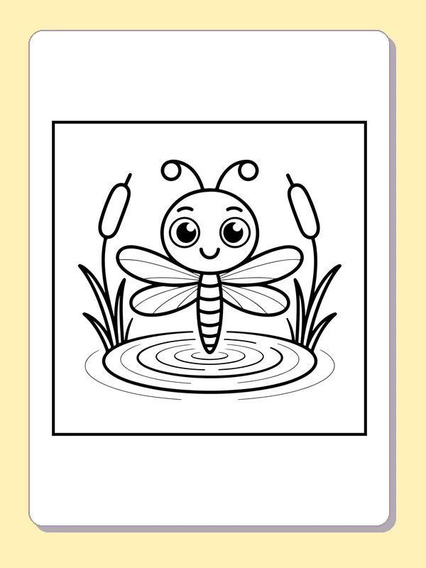 Black and white printable dragonfly above a pond coloring sheet