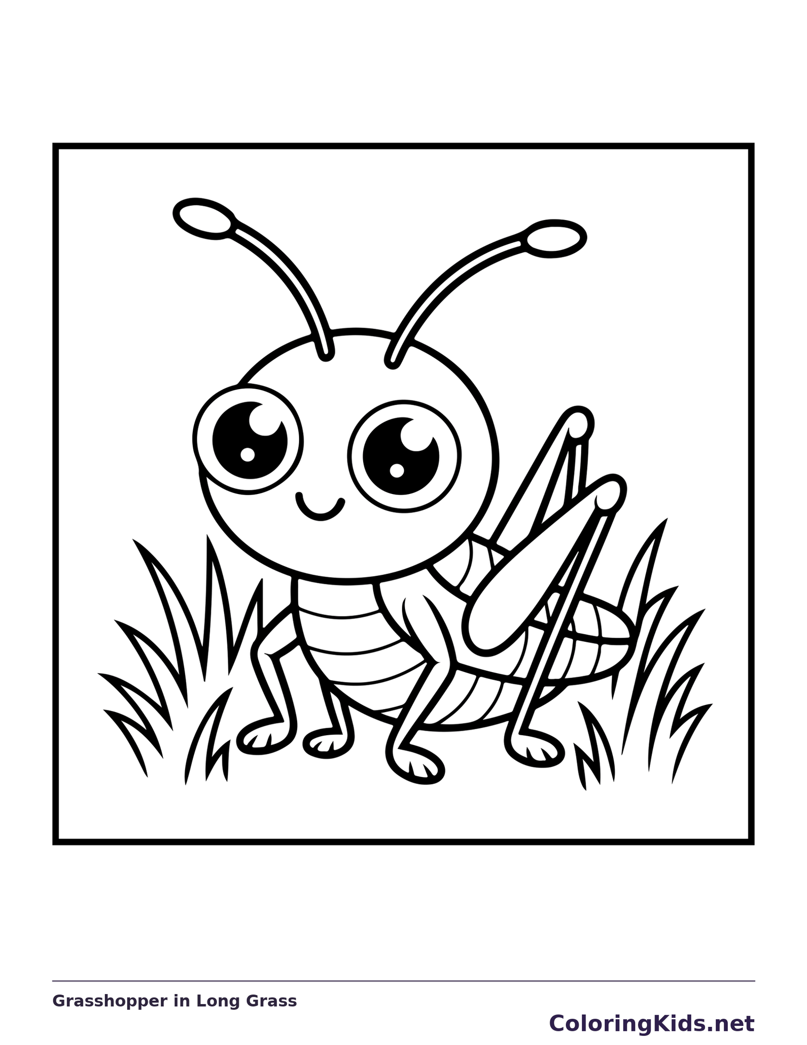 Black and white printable grasshopper in long grass coloring sheet