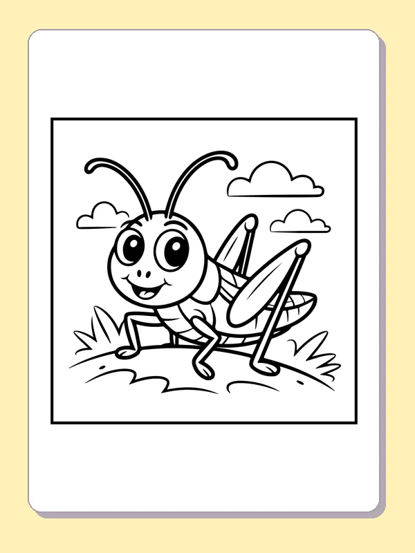 Black and white printable grasshopper on a leaf coloring sheet