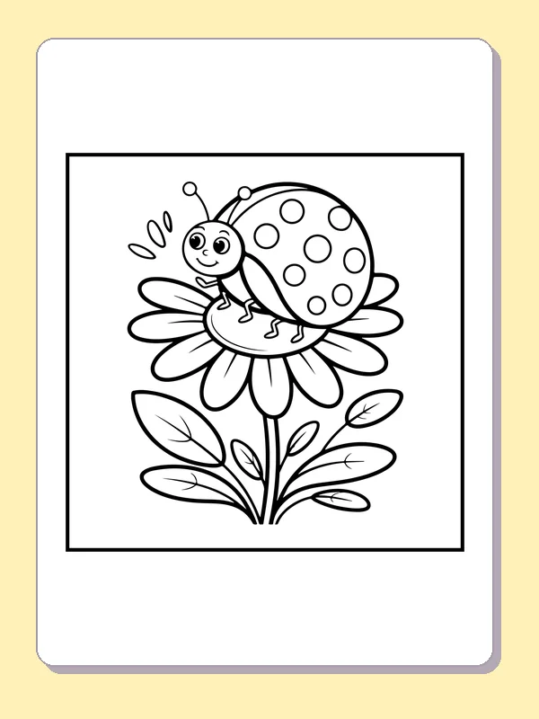 Black and white printable ladybug on a daisy coloring sheet