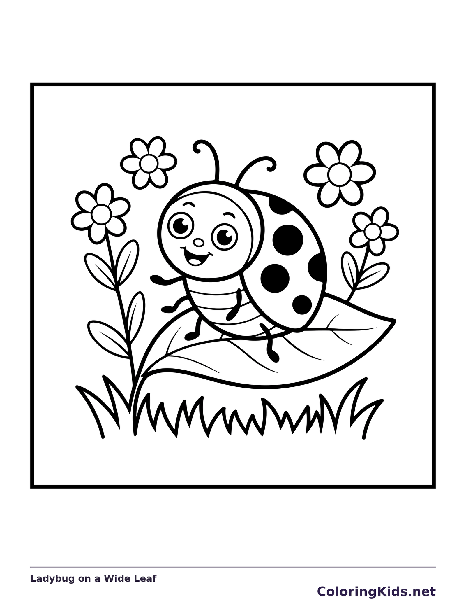 Black and white printable ladybug on a wide leaf coloring sheet