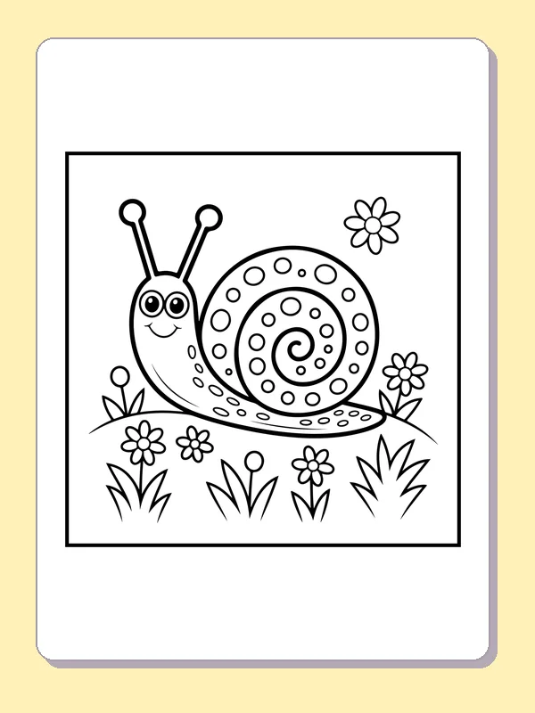 Black and white printable snail among little flowers coloring sheet
