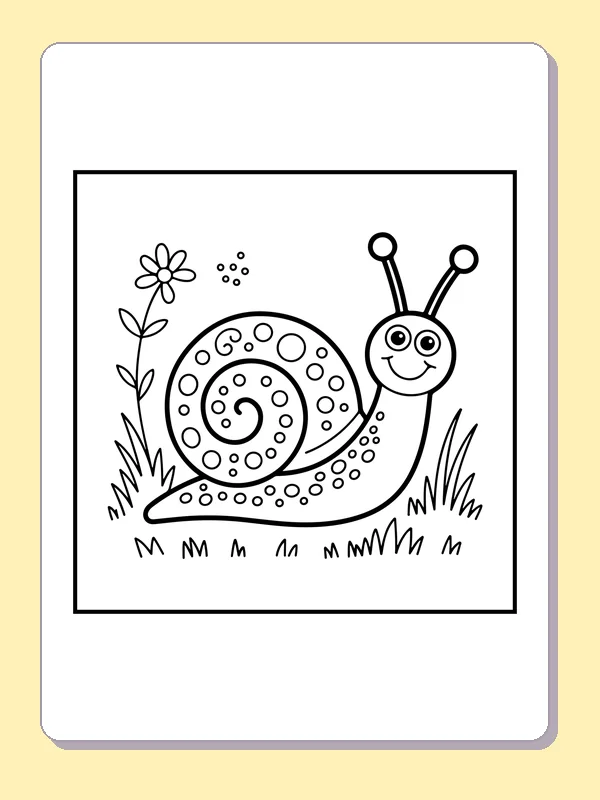 Black and white printable snail beside two flowers coloring sheet