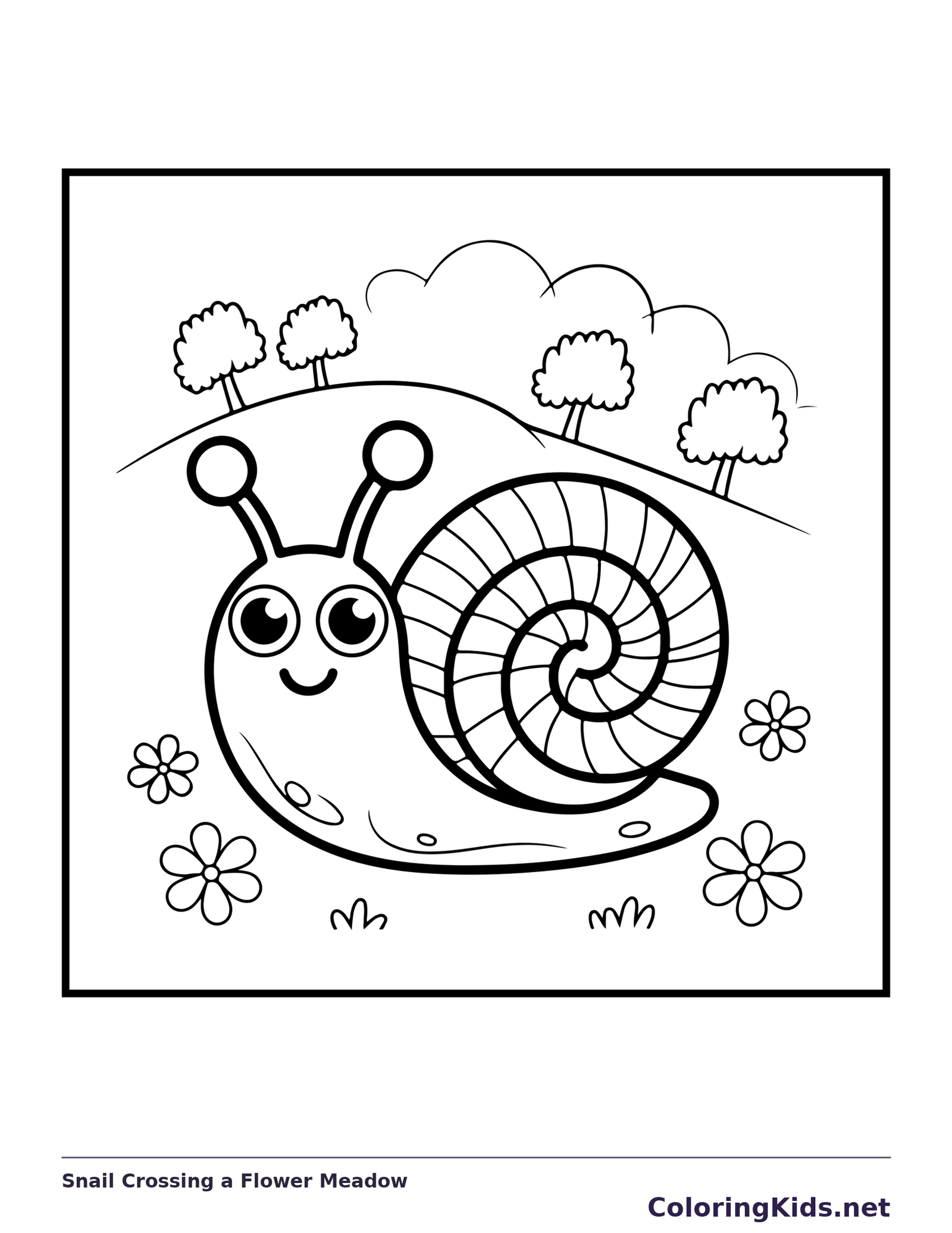 Black and white printable snail crossing a flower meadow coloring sheet