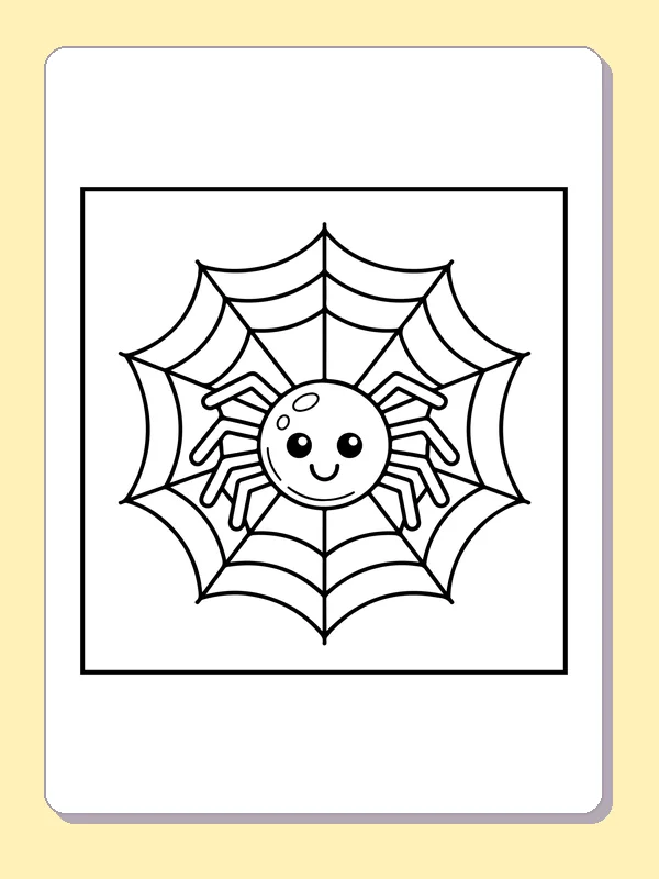 Black and white printable spider in a web coloring sheet
