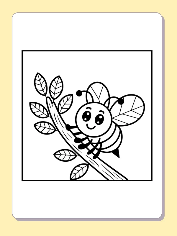 Black and white printable striped bee along a garden branch coloring sheet