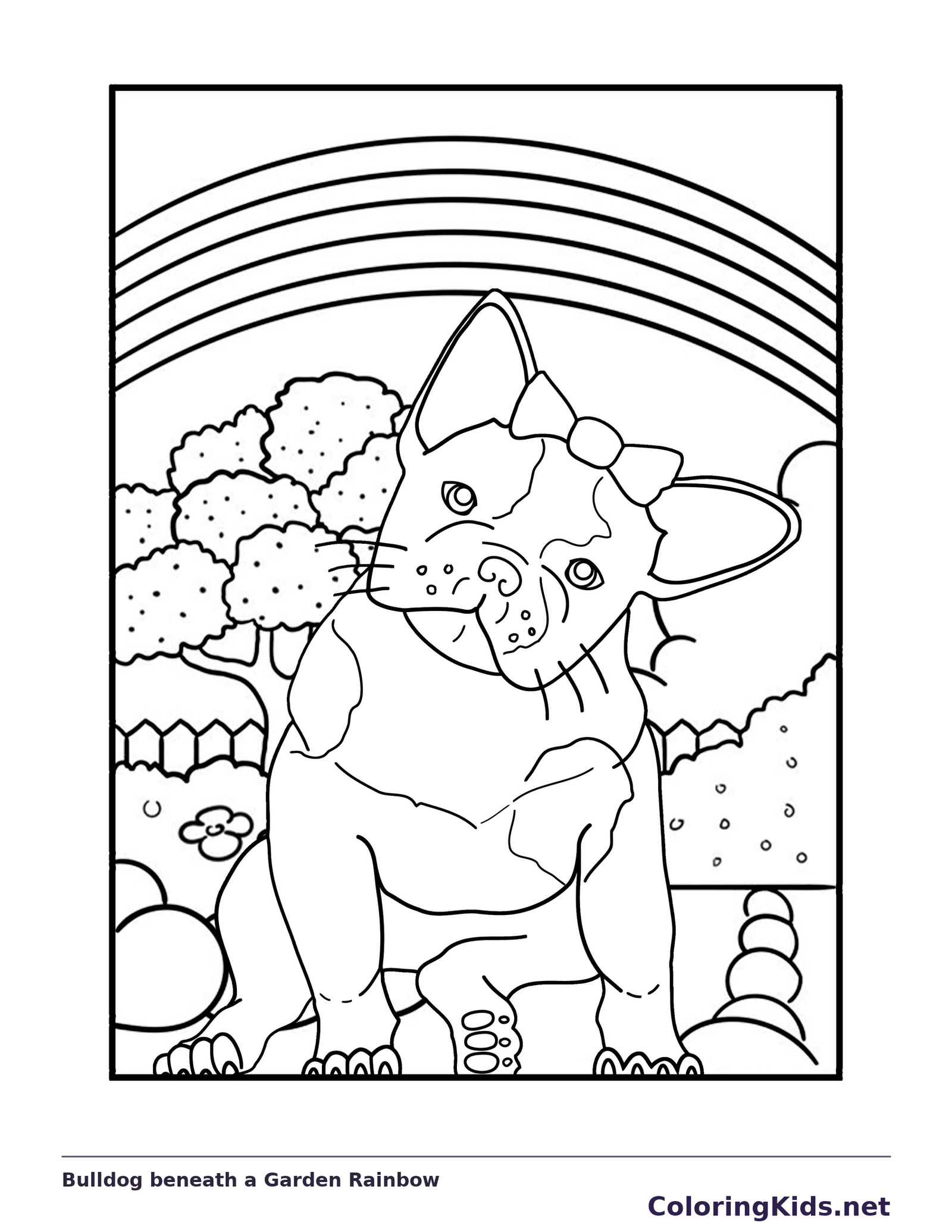 Smiling bulldog in a garden below a rainbow