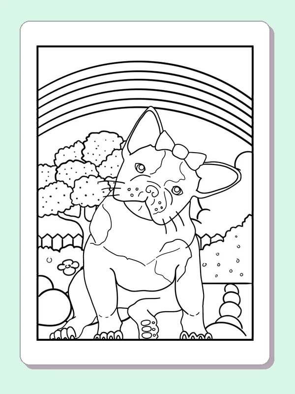 Smiling bulldog in a garden below a rainbow