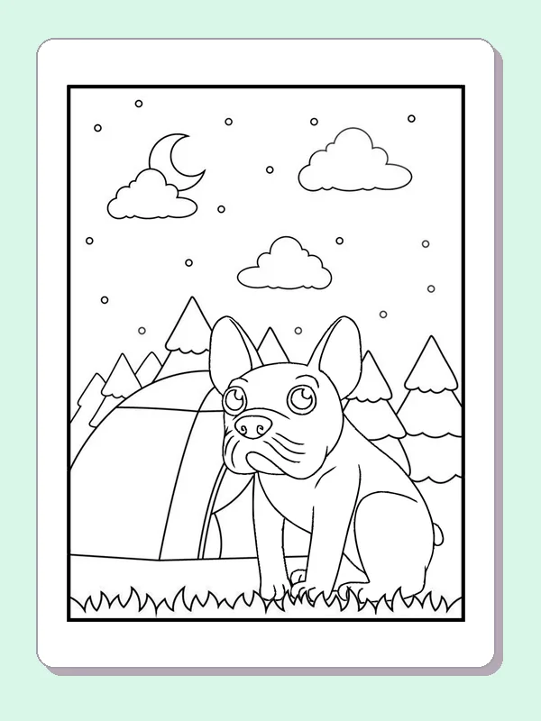 Bulldog beside tent beneath moon and snowy mountains
