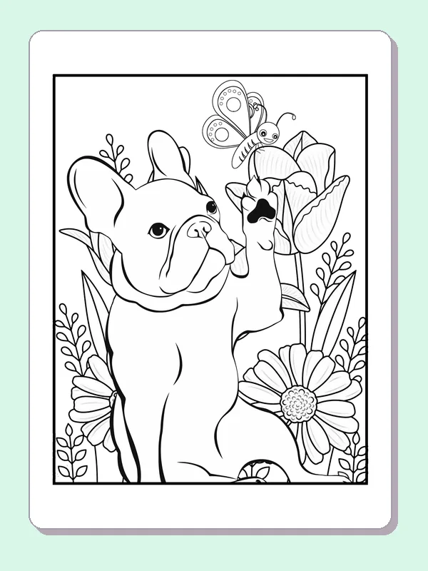 Bulldog looking toward butterfly among flowers