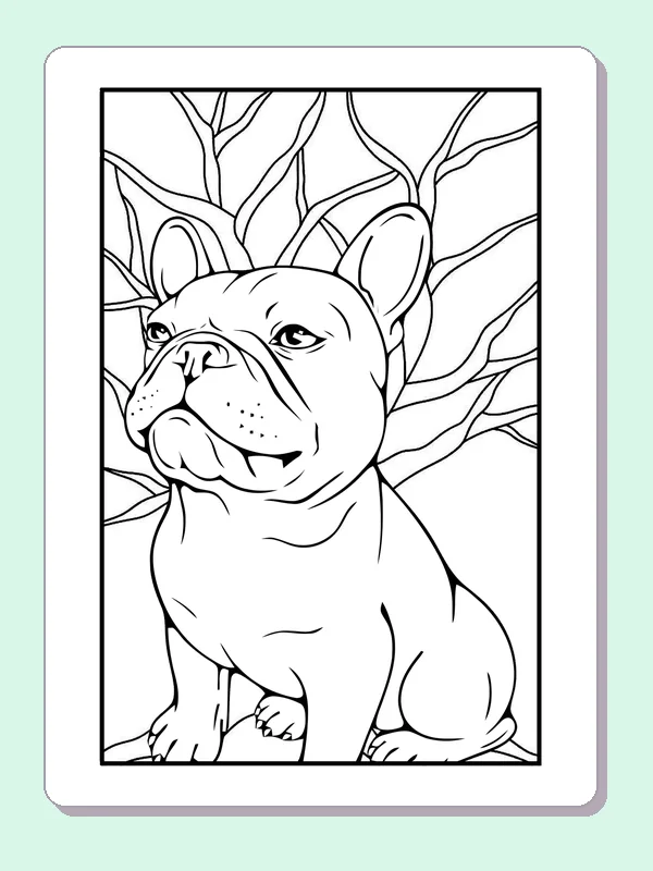 Seated bulldog before a bare branching tree
