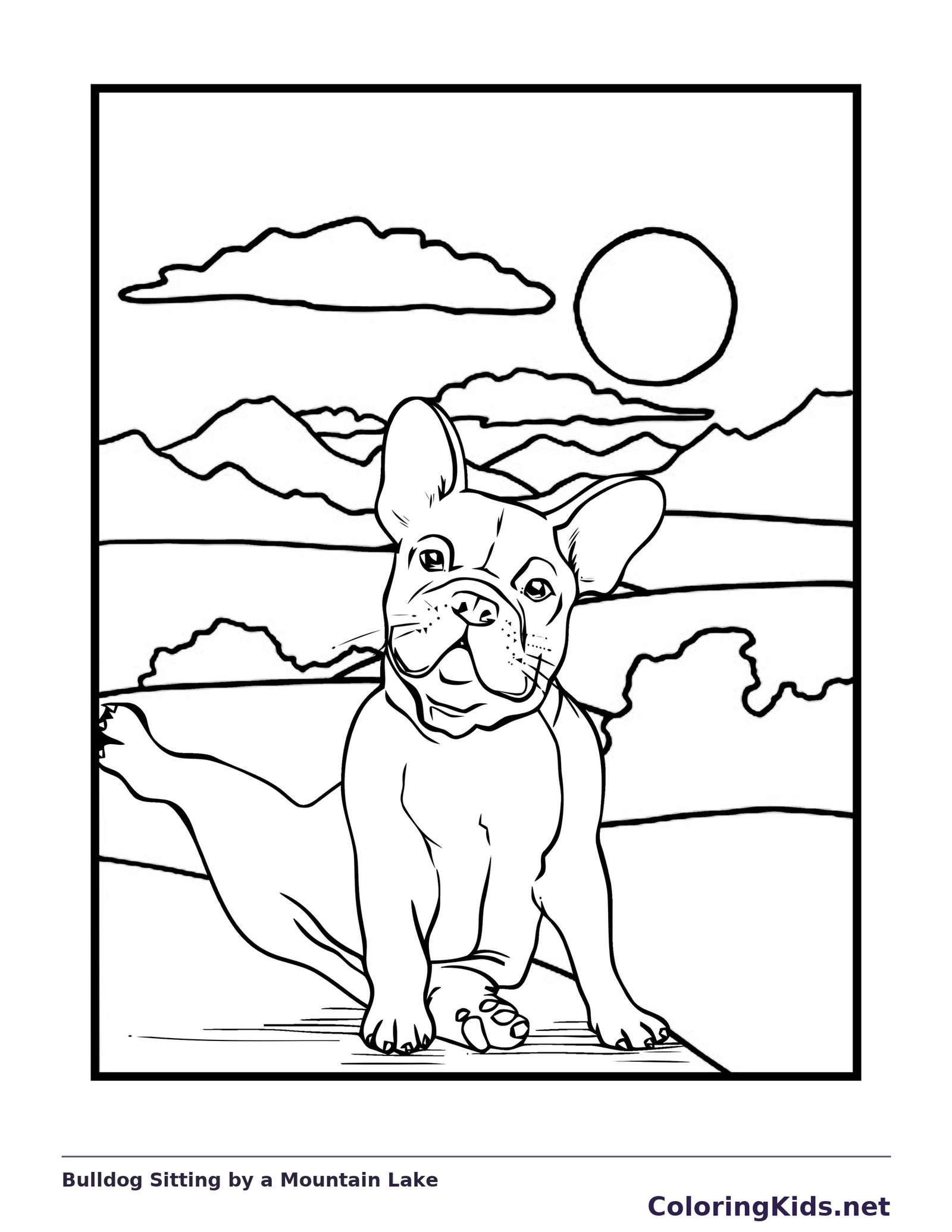 Bulldog seated beside a mountain lake at sunset