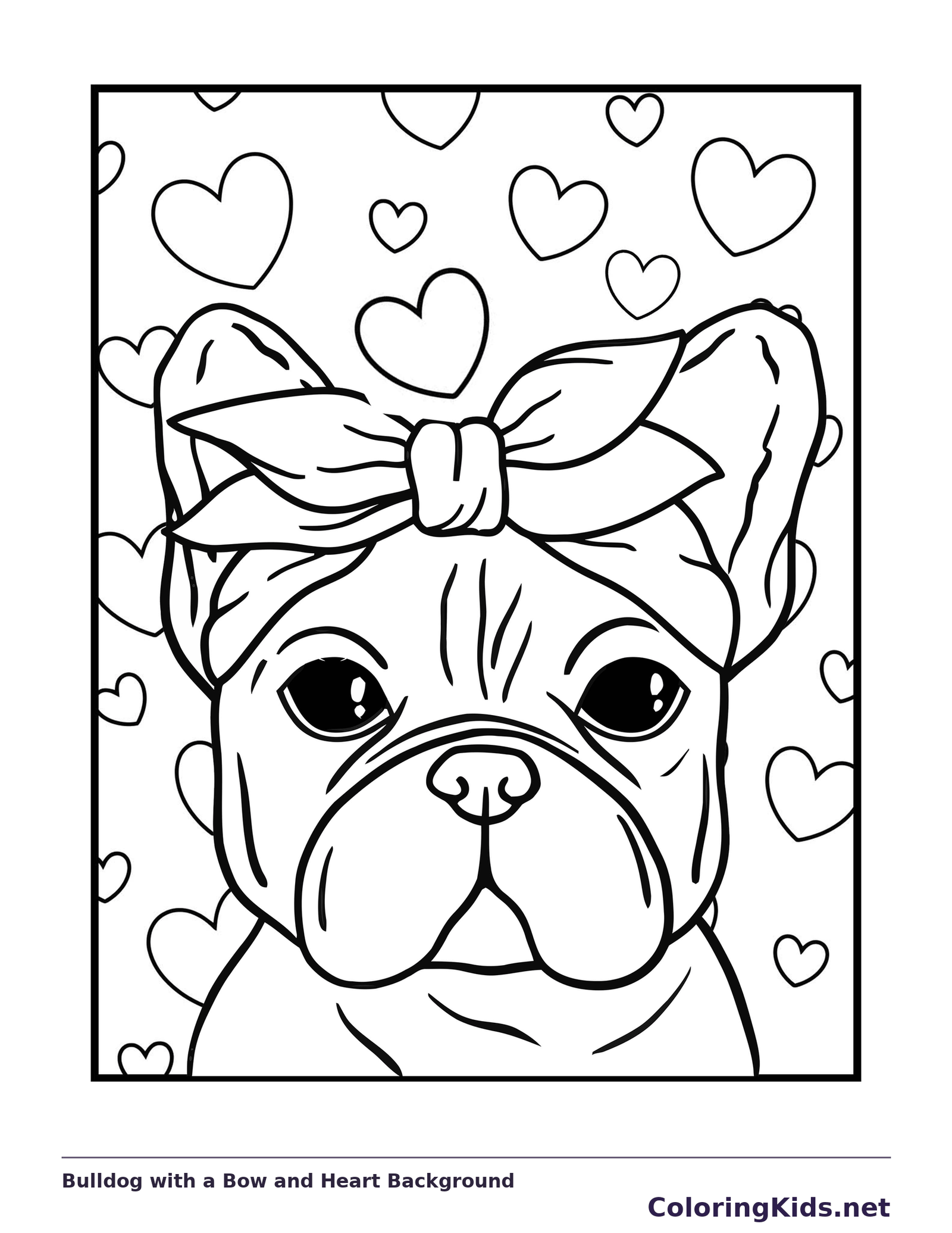 Bulldog face wearing a bow against hearts