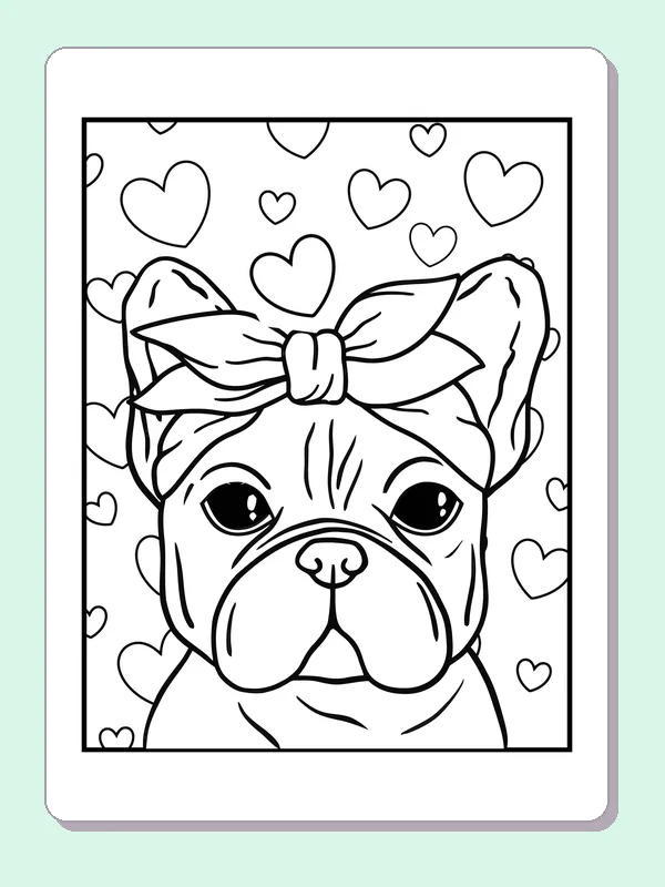Bulldog face wearing a bow against hearts