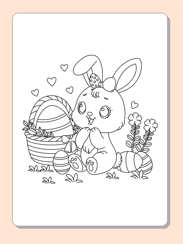 Black and white printable bunny beside a basket of eggs coloring sheet