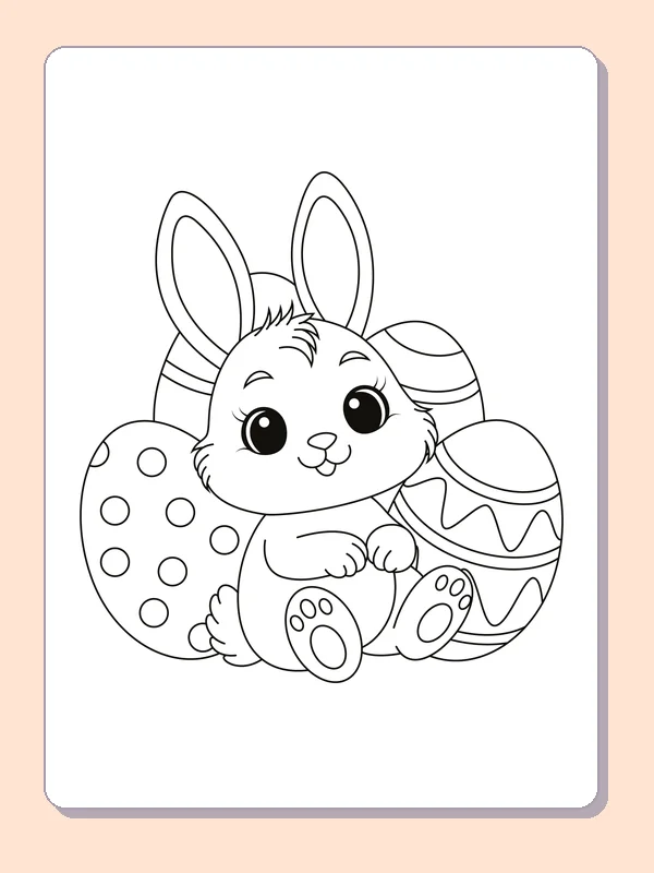 Black and white printable bunny between patterned eggs coloring sheet