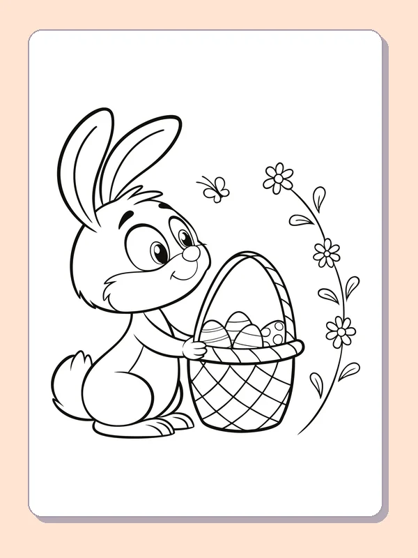 Black and white printable bunny carrying a basket outdoors coloring sheet
