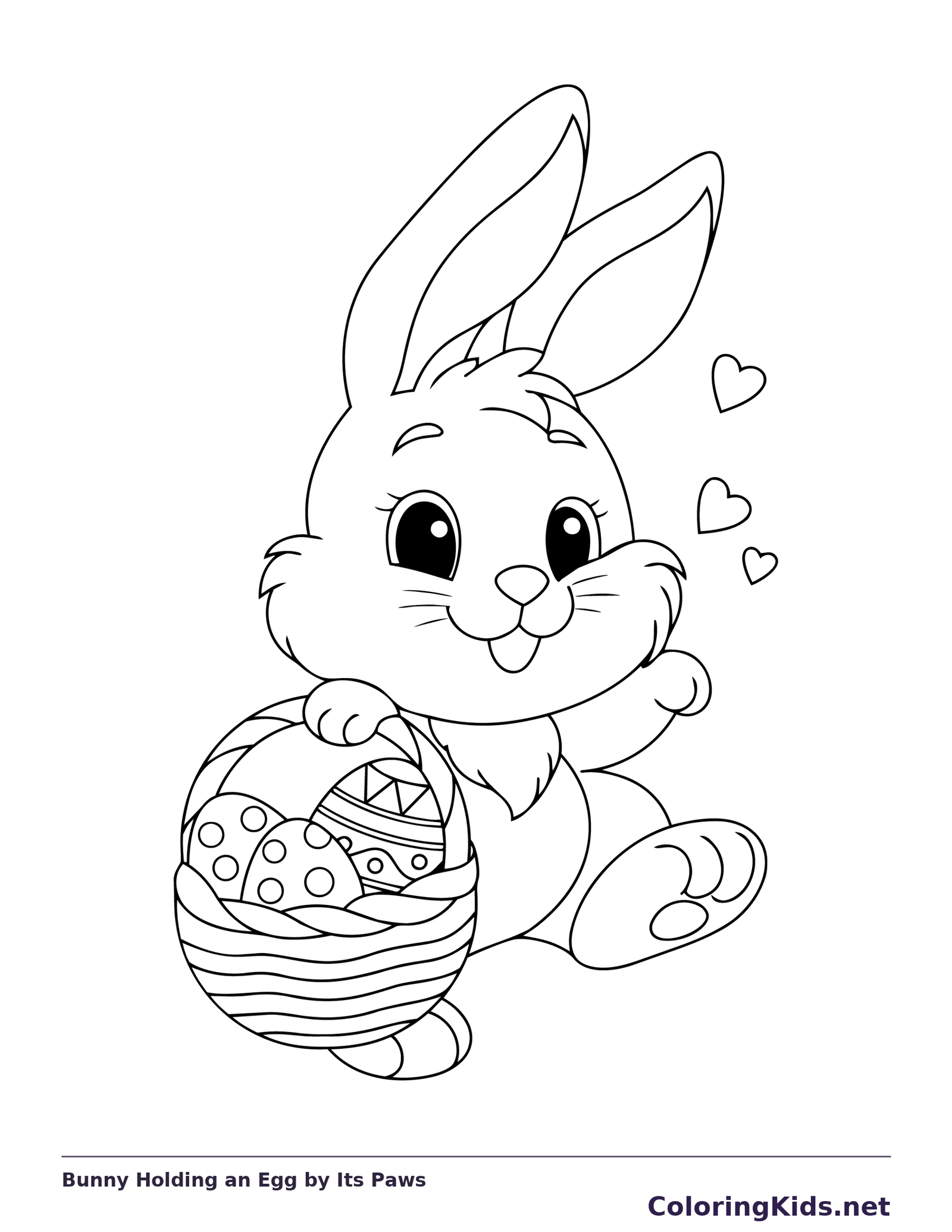 Black and white printable bunny holding an egg by its paws coloring sheet