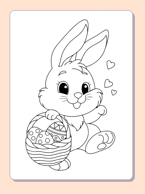 Black and white printable bunny holding an egg by its paws coloring sheet