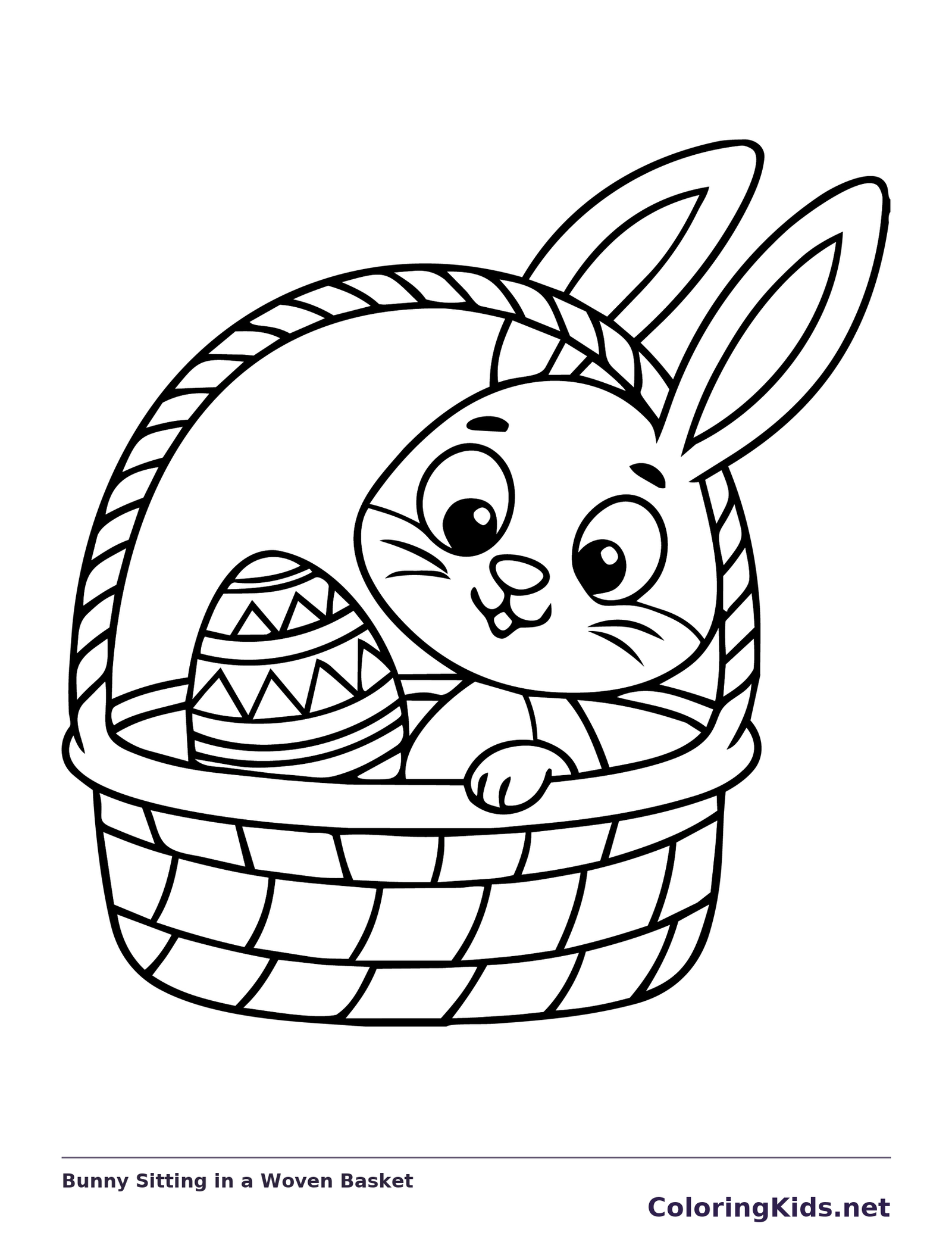 Black and white printable bunny sitting in a woven basket coloring sheet