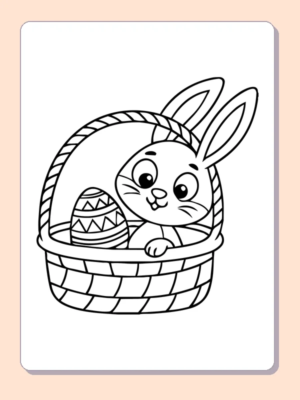 Black and white printable bunny sitting in a woven basket coloring sheet