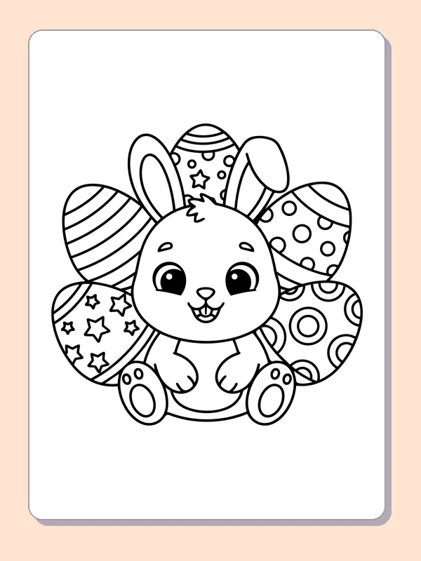 Black and white printable bunny surrounded by easter eggs coloring sheet