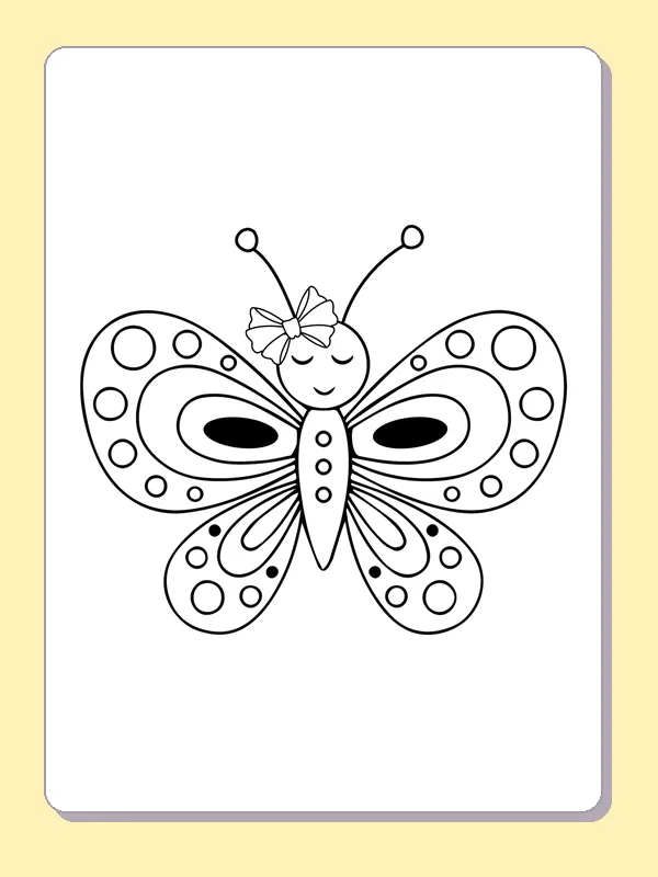 Black and white printable drawing of butterfly wearing a bow with round wing spots and two dark ovals