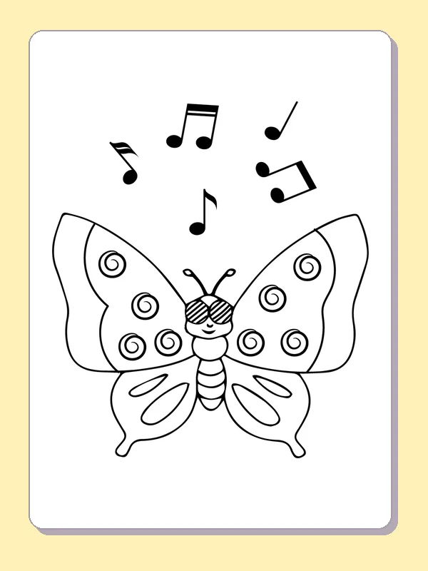 Black and white printable drawing of front-facing spotted butterfly beneath floating music notes