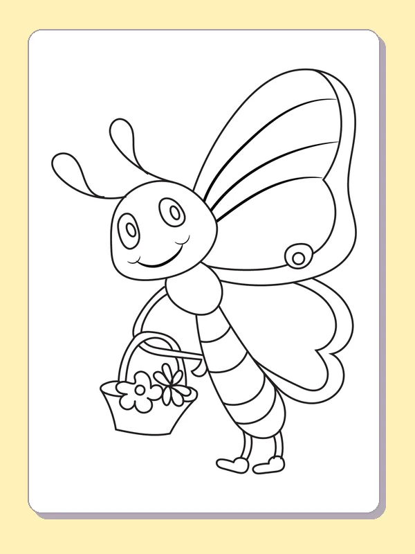 Black and white printable drawing of butterfly carrying a flower basket beneath tall patterned wings