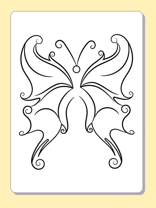 Black and white printable drawing of butterfly with long curling wing tips and smaller inner loops