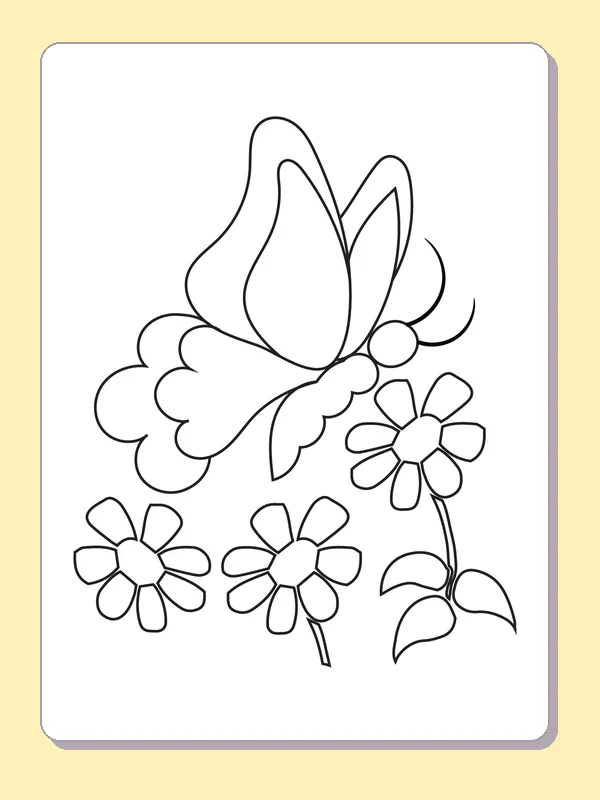 Black and white printable drawing of side-view butterfly flying above three simple flowers