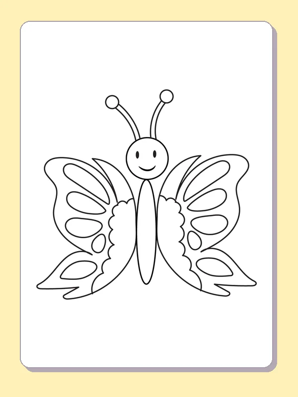 Black and white printable drawing of smiling butterfly with teardrop and crescent patterns on four wings