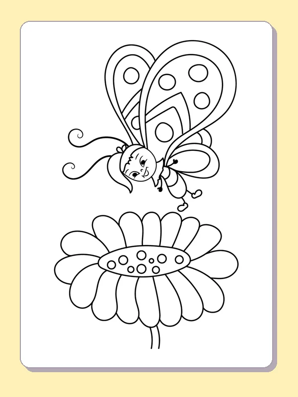 Black and white printable drawing of butterfly hovering over a large daisy with dotted center
