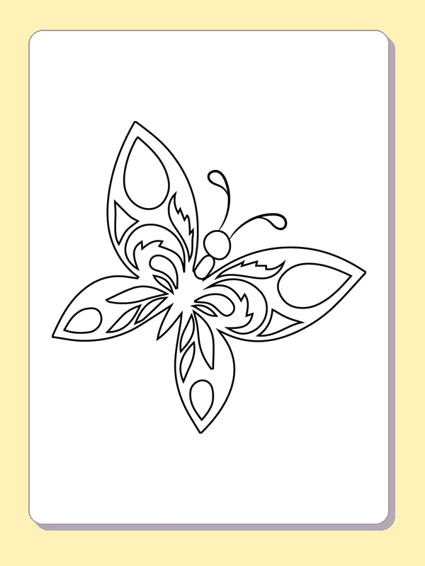 Black and white printable drawing of butterfly with petal-shaped markings inside four pointed wings