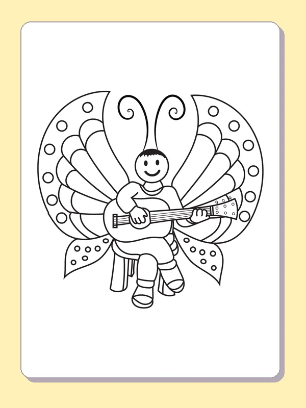 Black and white printable drawing of smiling butterfly seated with a guitar between spotted wings