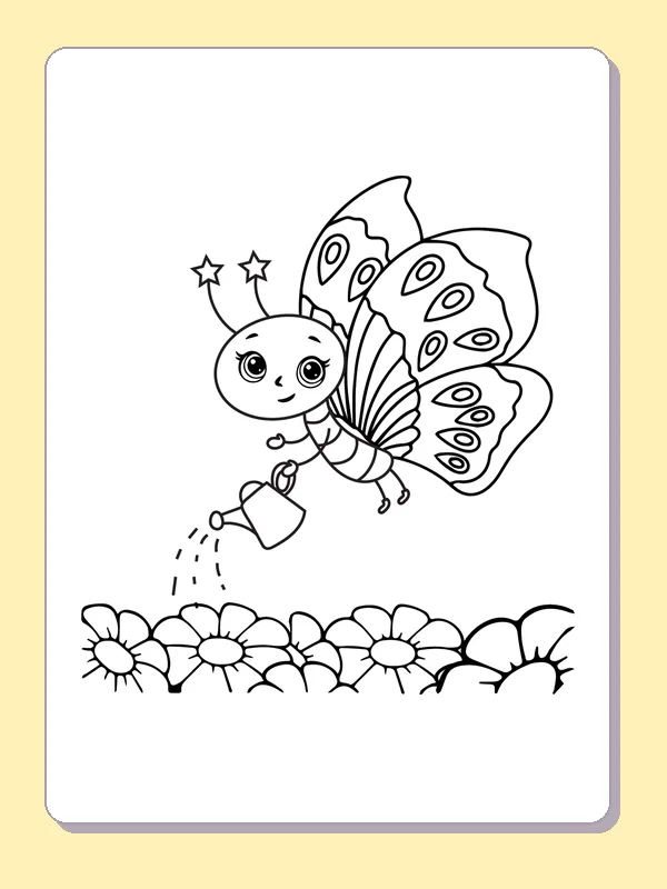 Black and white printable drawing of butterfly holding a watering can above a row of flowers