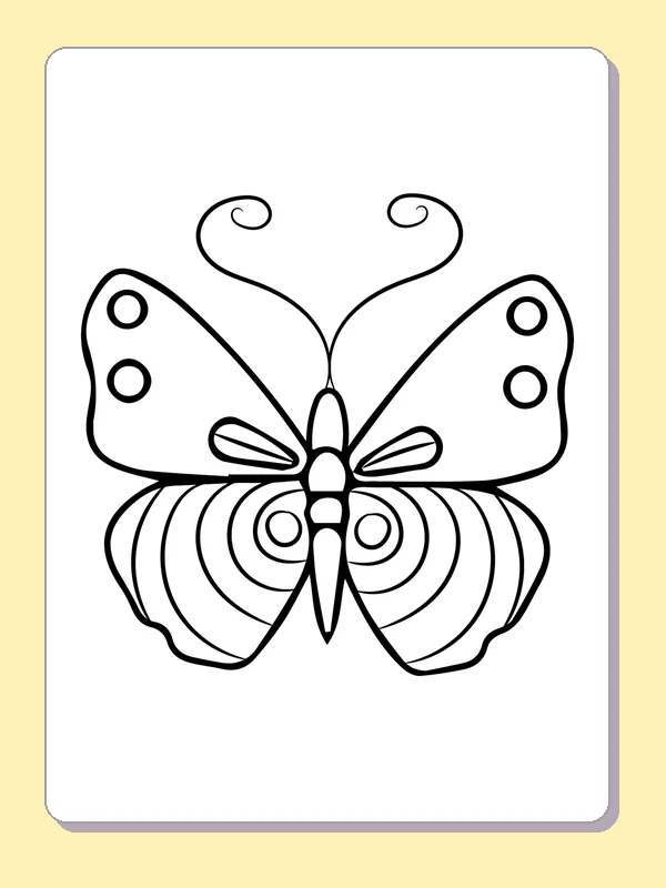 Black and white printable drawing of butterfly with curled antennae, spotted upper wings and striped lower wings