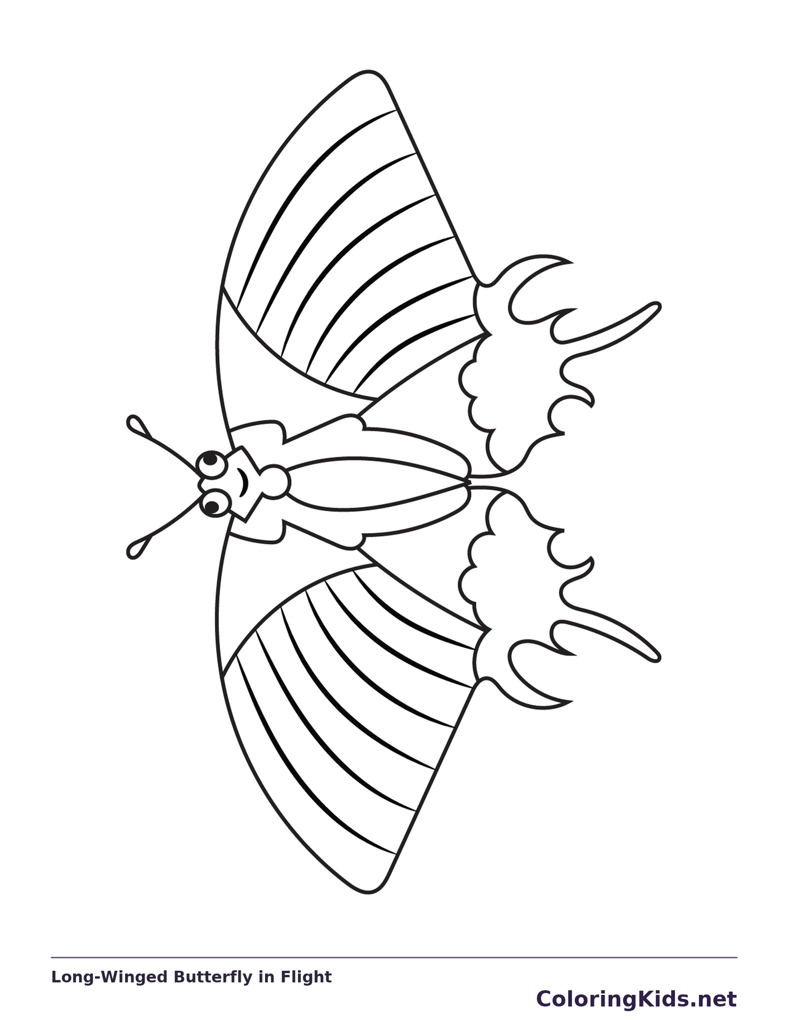 Black and white printable drawing of side-view butterfly in flight with long striped upper wings