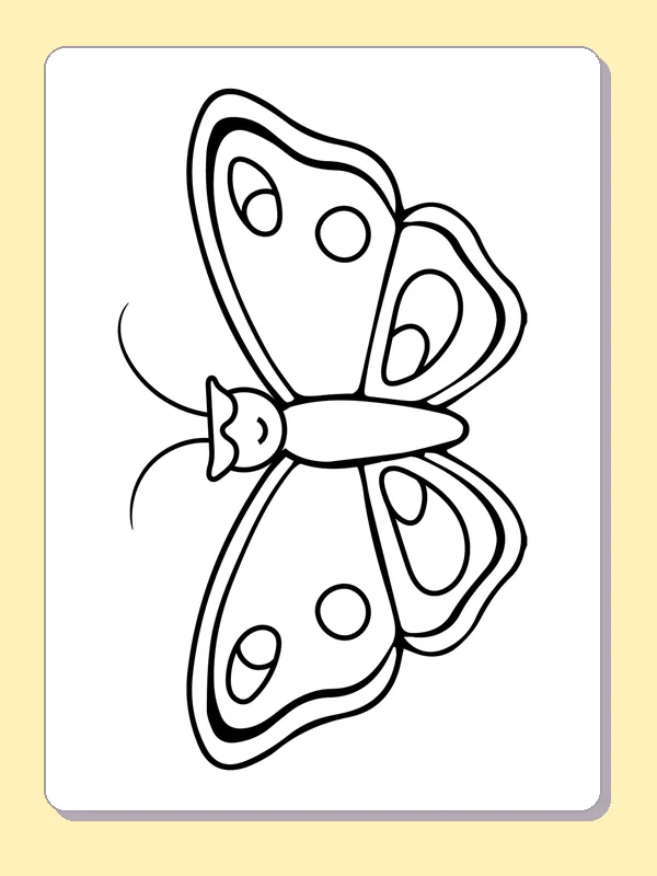 Black and white printable drawing of side-view butterfly with overlapping wings and oval spots