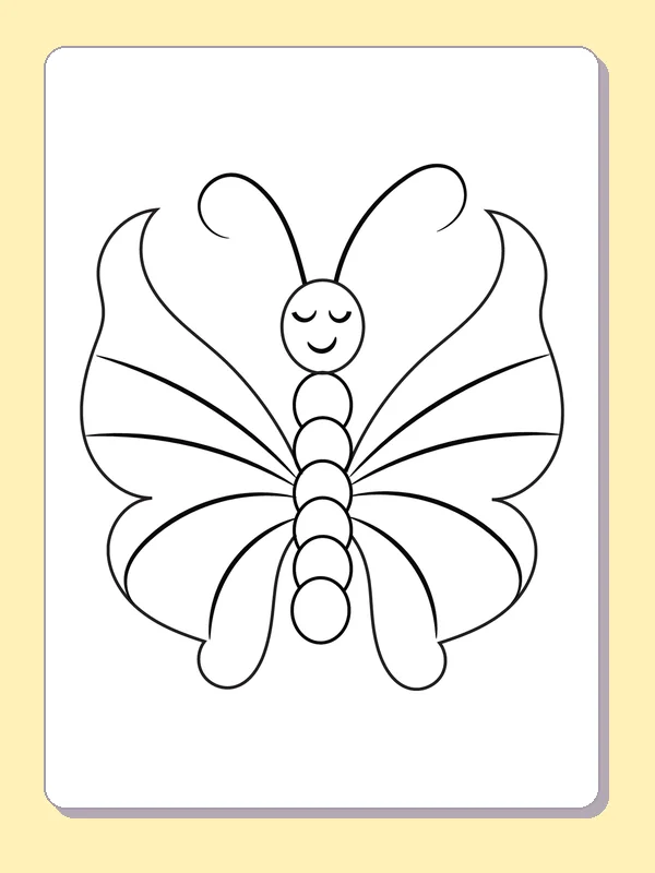 Black and white printable drawing of sleeping butterfly with wide curved bands across four wings
