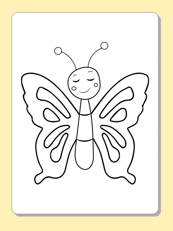 Black and white printable drawing of sleepy-eyed butterfly with long antennae and scalloped wings