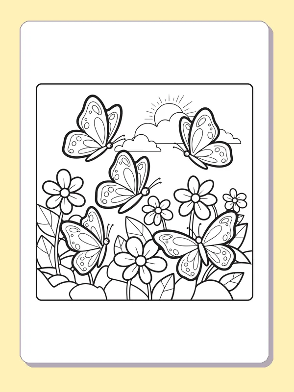 Black and white printable butterflies among daisies and tulips coloring sheet