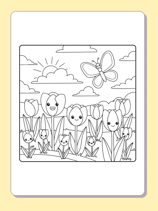 Black and white printable butterflies between tall tulips coloring sheet