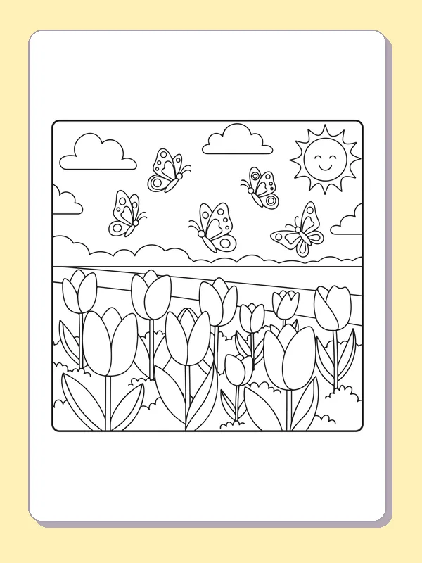 Black and white printable butterflies crossing a tulip garden coloring sheet