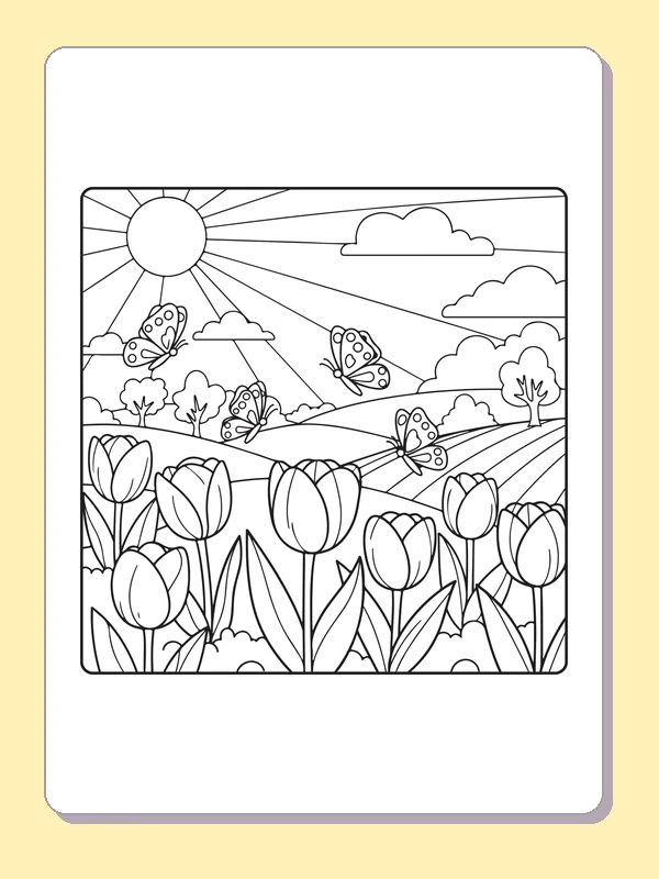 Black and white printable butterflies over a deep tulip field coloring sheet